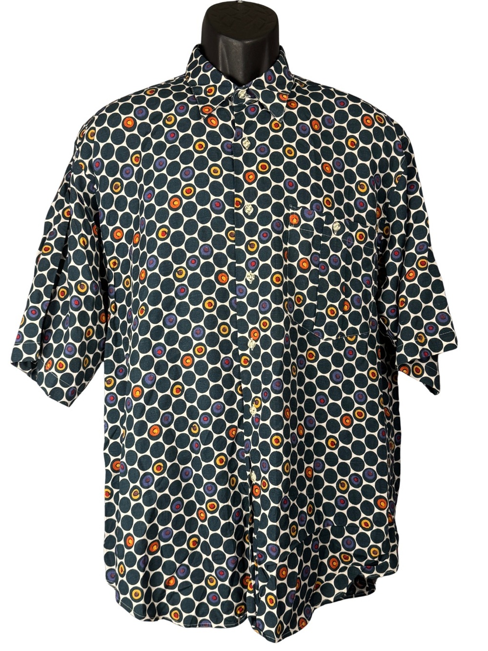 Vtg 90s Reunion Mod Target Op Art Geometric Print Rayon Linen Men’s Shirt Boxy M